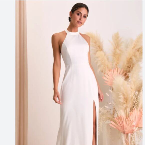 NWOT Lulus Ivory Halter Bodycon Maxi Dress with Back Neck Bow Size XXS - Picture 1 of 12